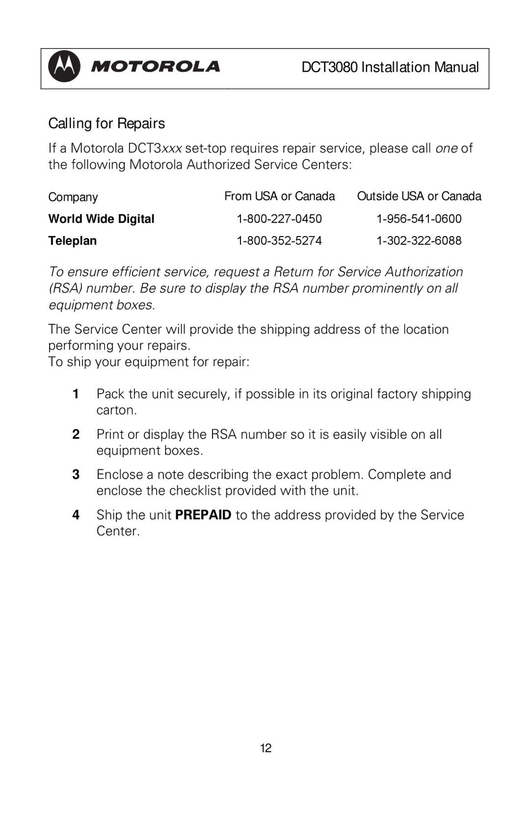 Motorola manual DCT3080 Installation Manual Calling for Repairs, Company From USA or Canada, Outside USA or Canada 