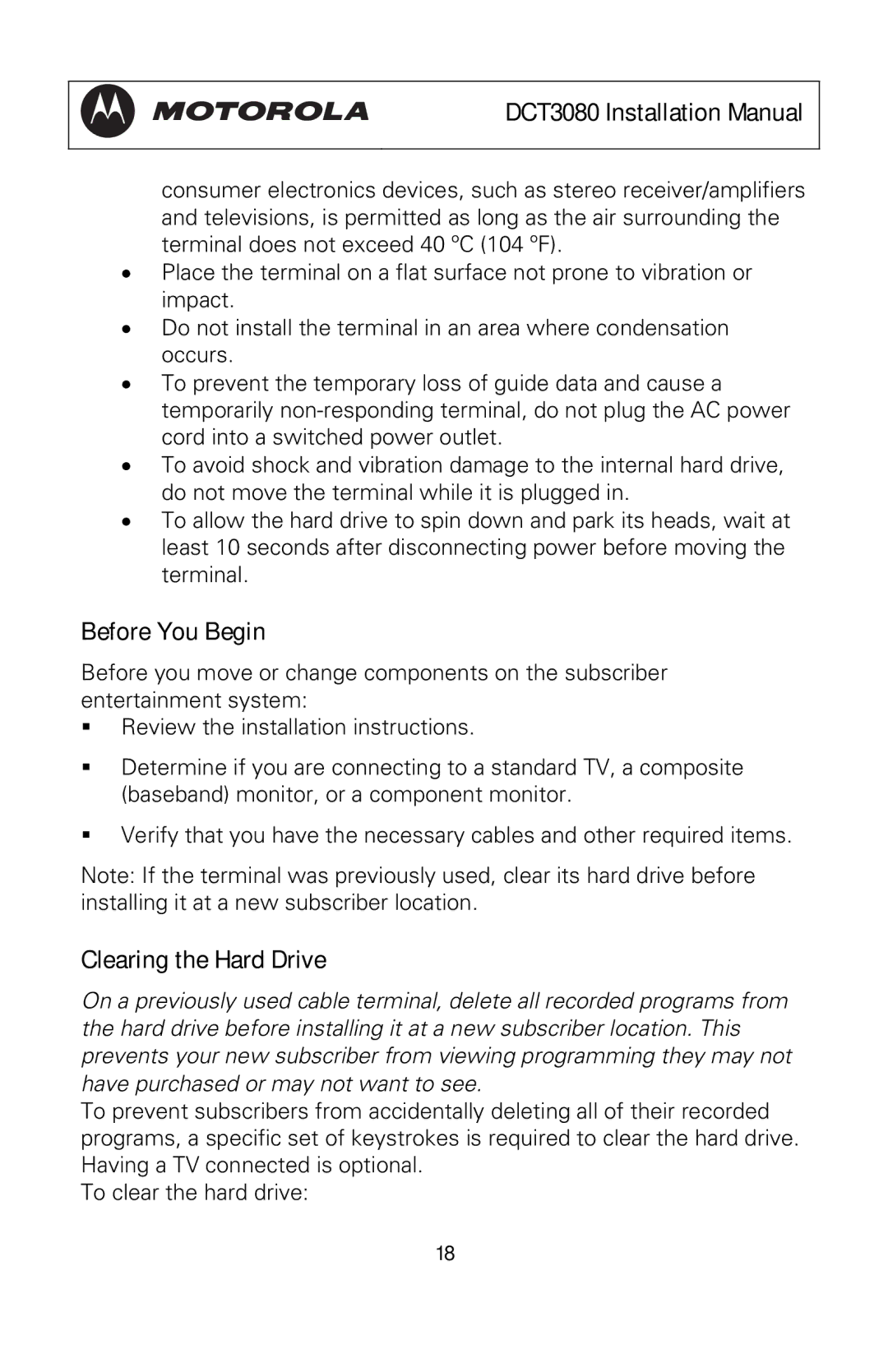 Motorola DCT3080 manual Before You Begin, Clearing the Hard Drive 