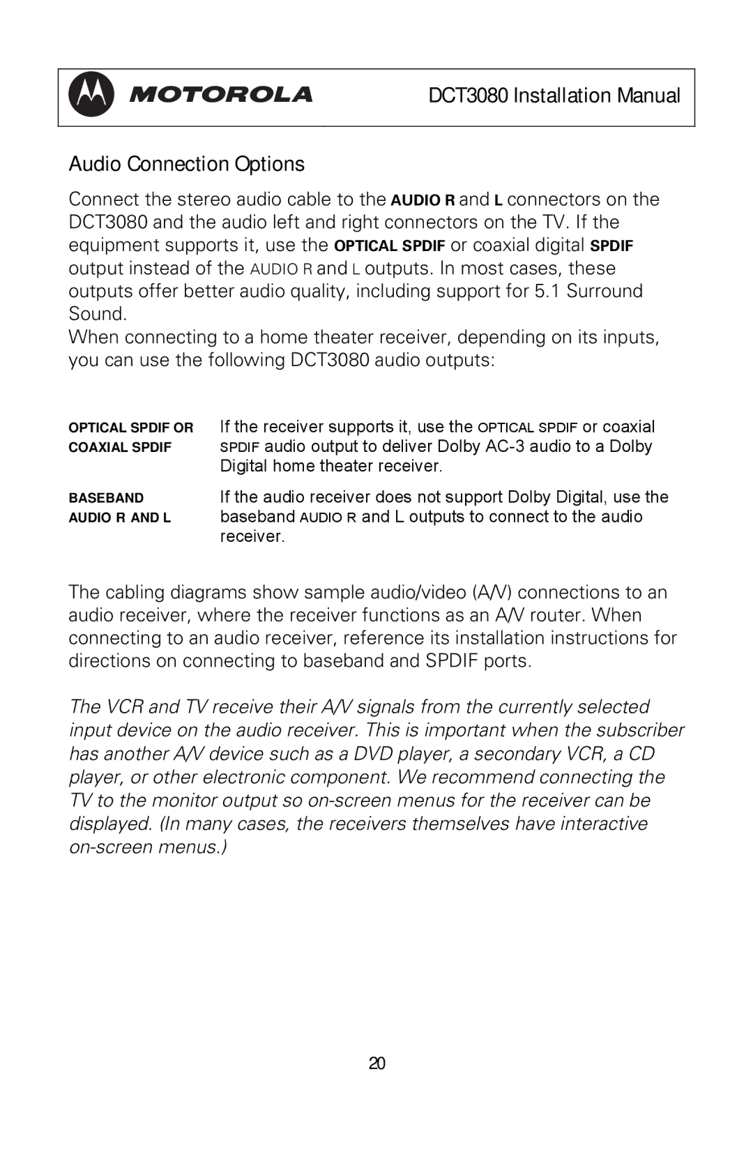 Motorola manual DCT3080 Installation Manual Audio Connection Options 