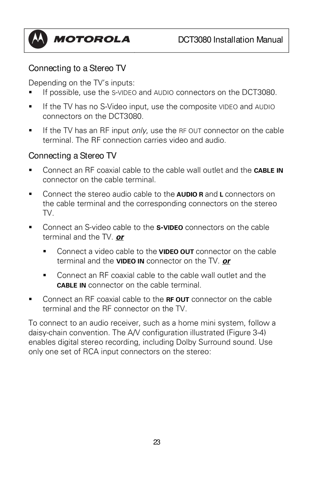 Motorola manual DCT3080 Installation Manual Connecting to a Stereo TV, Connecting a Stereo TV 