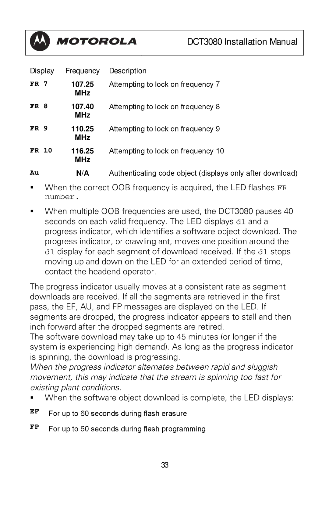 Motorola manual DCT3080 Installation Manual, For up to 60 seconds during flash erasure 