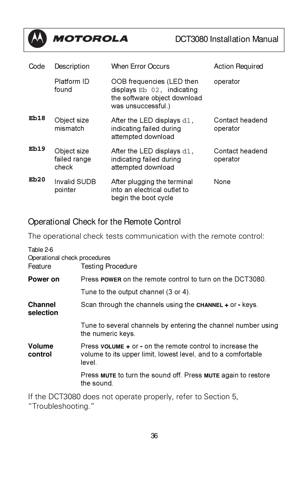 Motorola DCT3080 manual Operational Check for the Remote Control, Feature Testing Procedure 