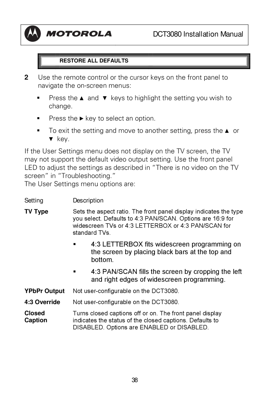 Motorola DCT3080 manual Setting Description 