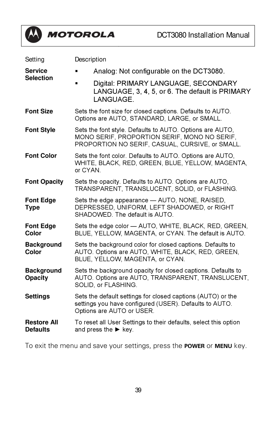 Motorola DCT3080 Service, Font Size, Font Style, Font Color, Font Opacity, Font Edge, Type, Background, Settings, Defaults 