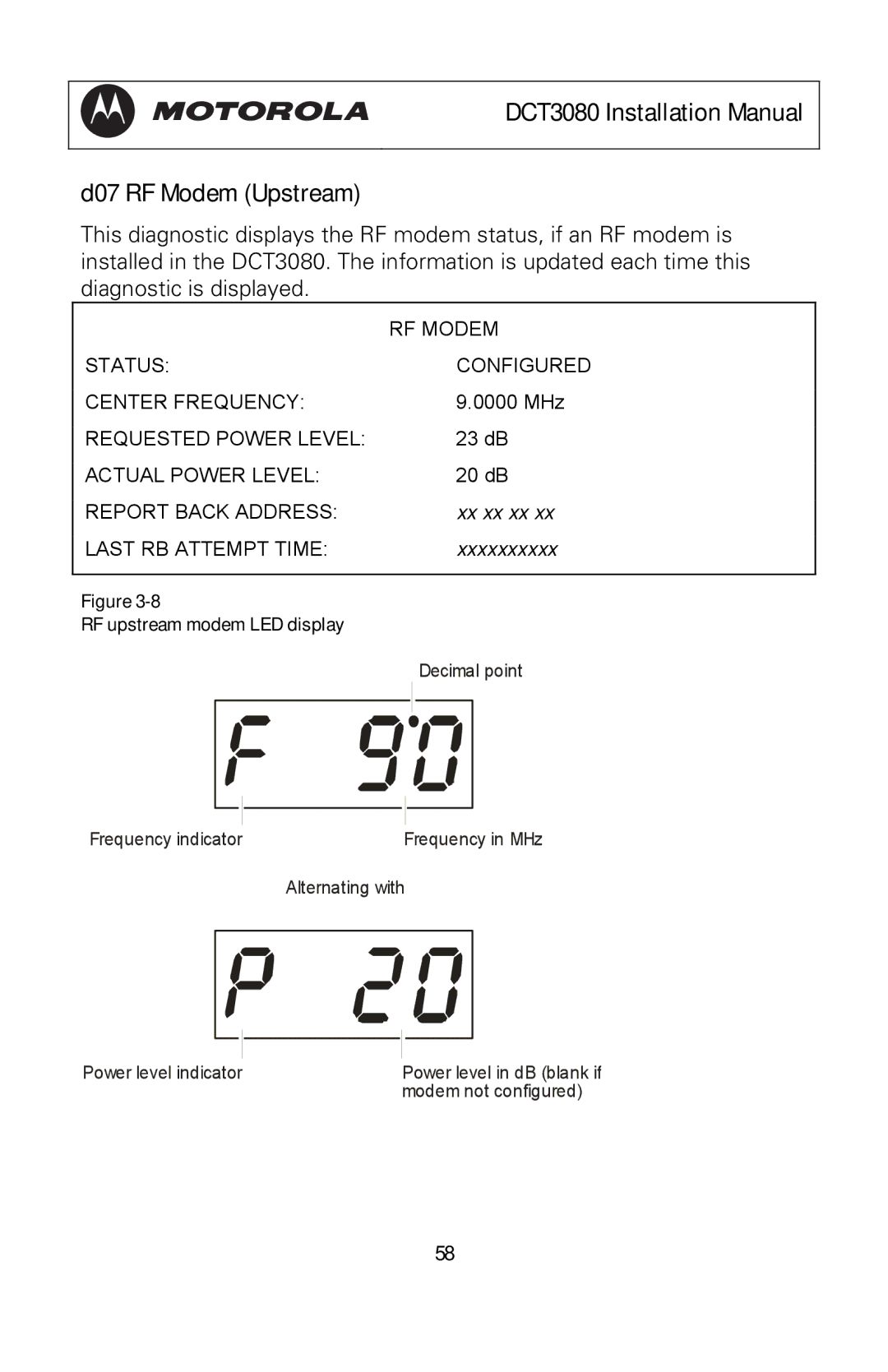 Motorola manual DCT3080 Installation Manual D07 RF Modem Upstream, RF upstream modem LED display 