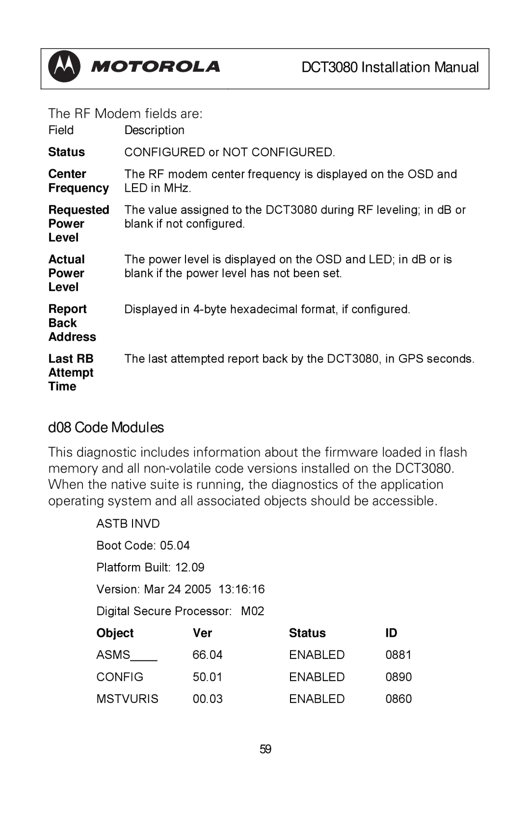 Motorola DCT3080 manual D08 Code Modules, Attempt Time, Object Ver Status 