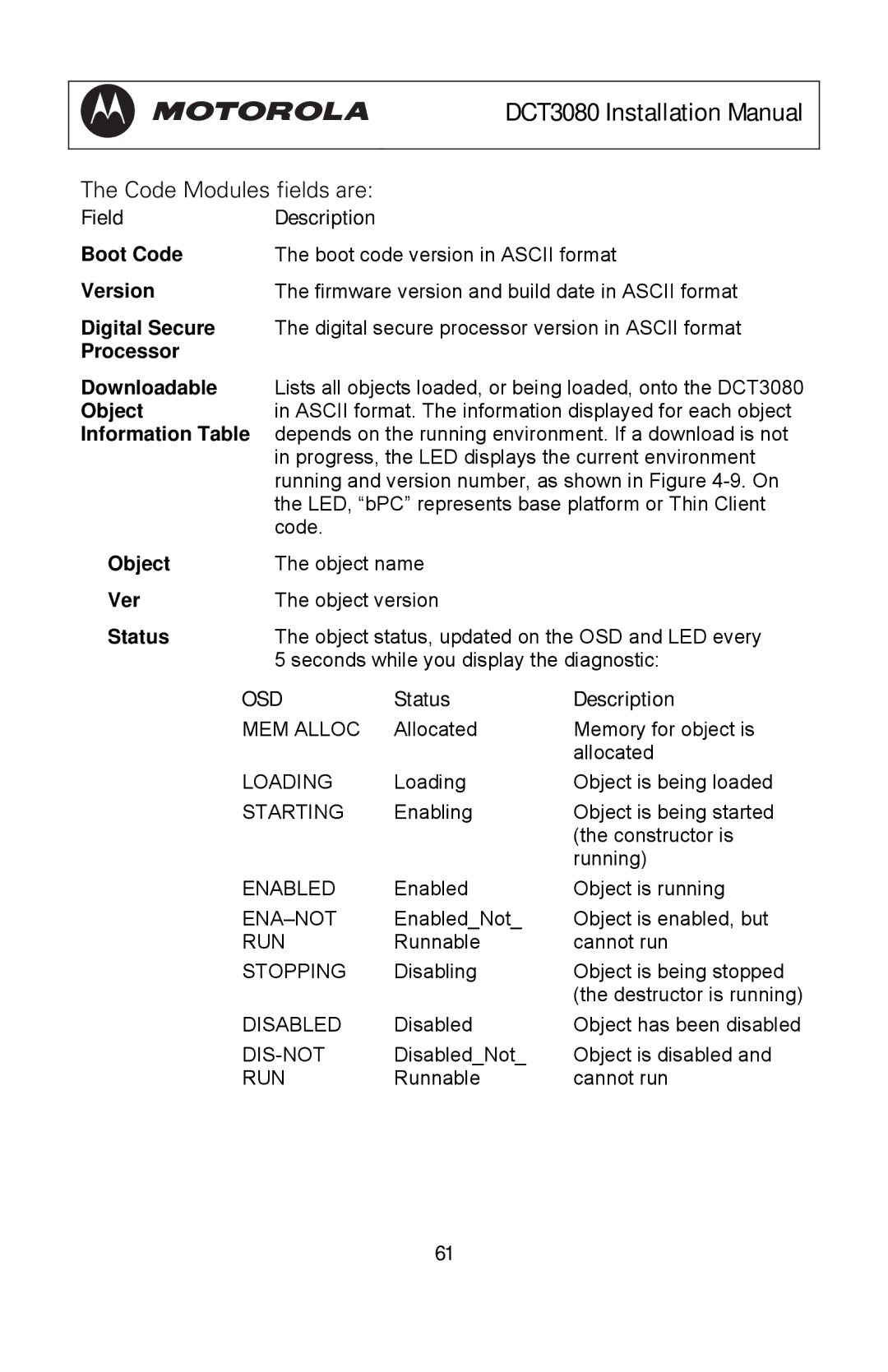 Motorola DCT3080 manual FieldDescription, Status Description 