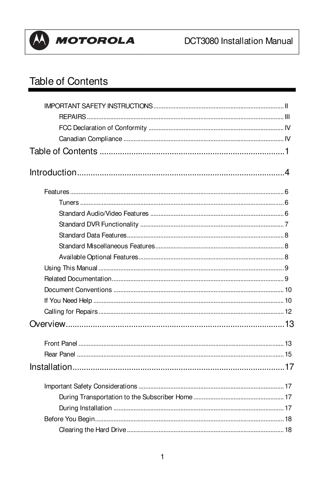 Motorola DCT3080 manual Table of Contents 