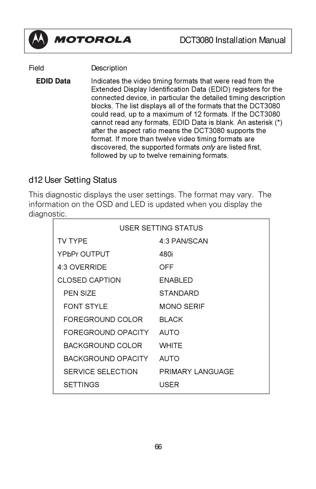 Motorola DCT3080 manual D12 User Setting Status 