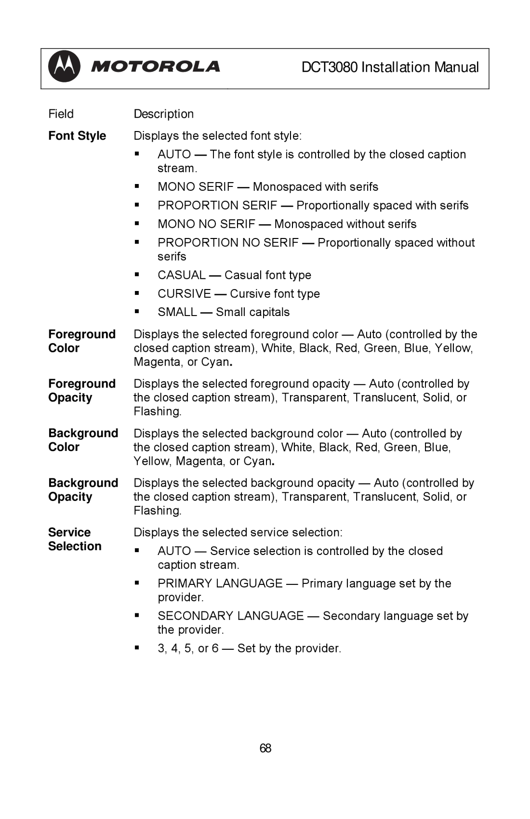 Motorola DCT3080 manual Service Selection 