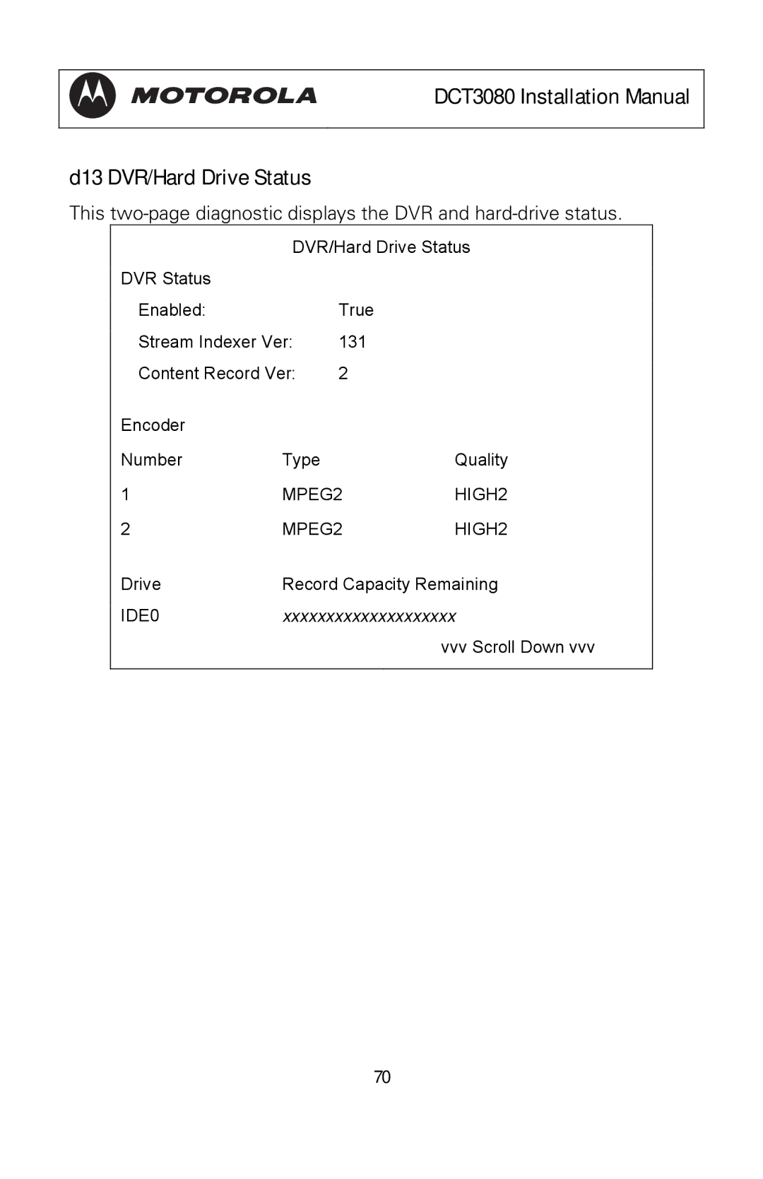 Motorola manual DCT3080 Installation Manual D13 DVR/Hard Drive Status 