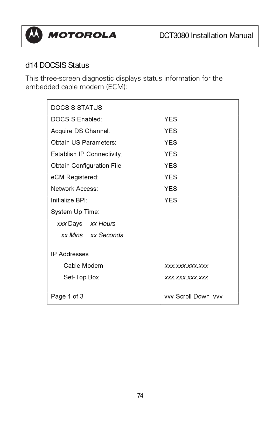 Motorola manual DCT3080 Installation Manual D14 Docsis Status 