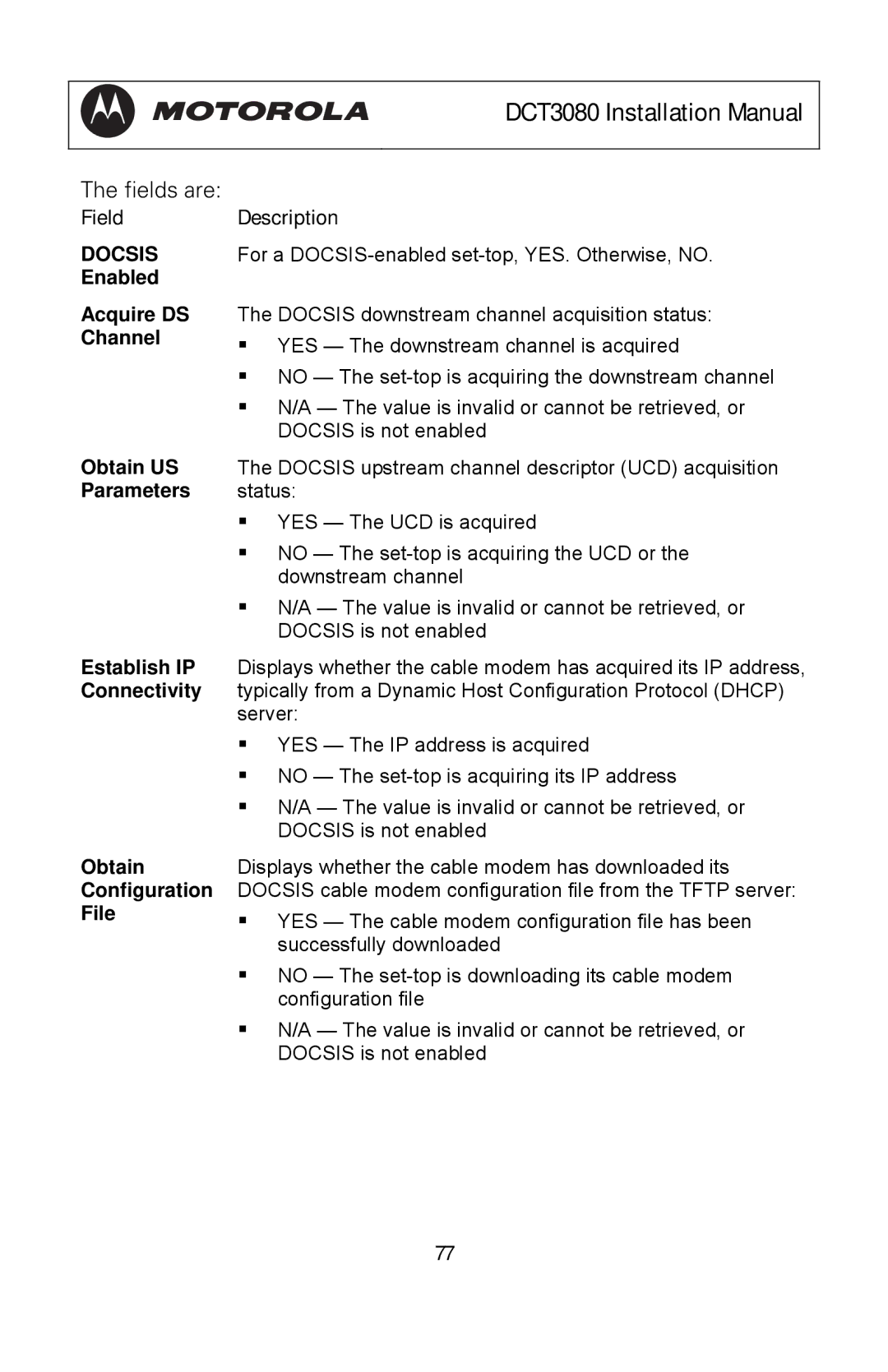 Motorola DCT3080 manual Docsis, Enabled Acquire DS Channel, Establish IP Connectivity Obtain Configuration File 