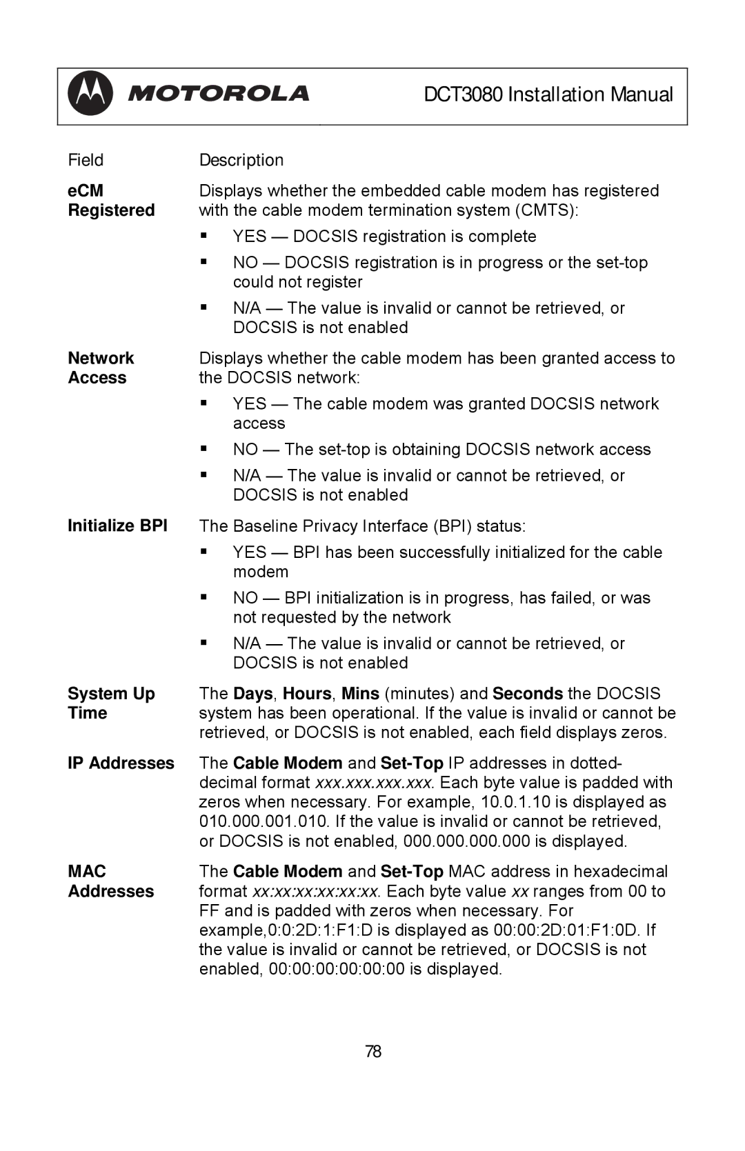 Motorola DCT3080 manual Access, Initialize BPI, System Up, IP Addresses 