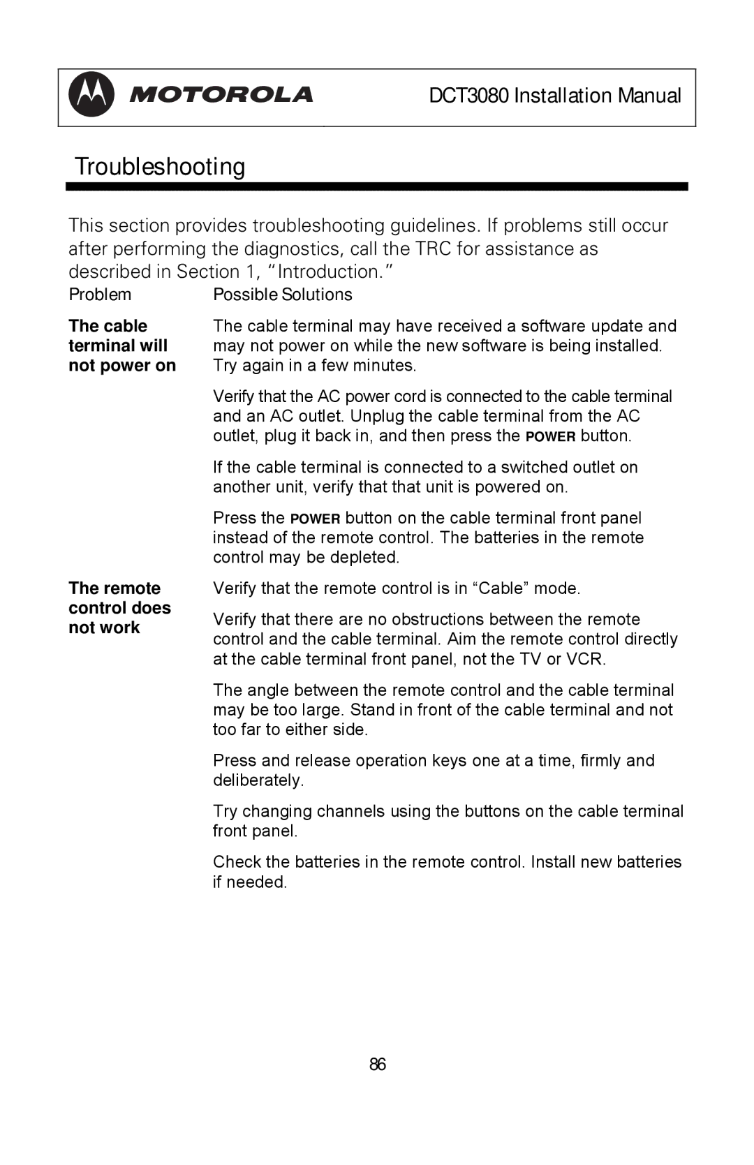 Motorola DCT3080 manual Problem, Possible Solutions 