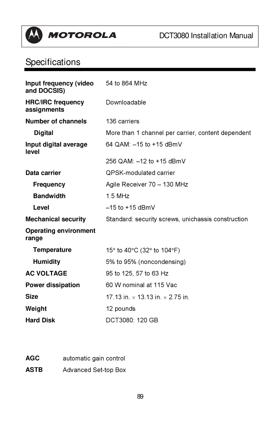 Motorola DCT3080 manual AC Voltage 