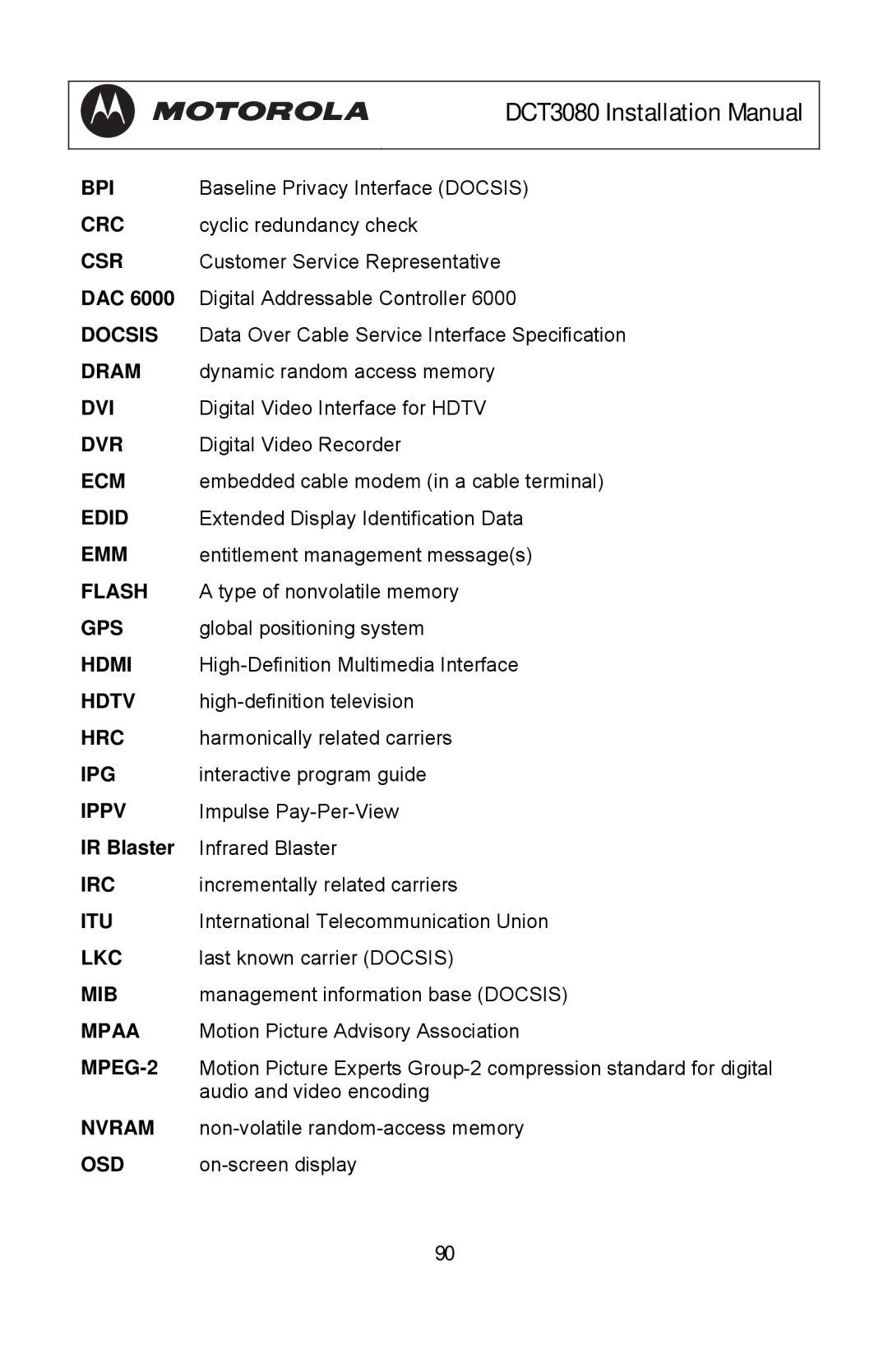 Motorola DCT3080 Bpi, Crc, Csr, Dram, Dvi, Dvr, Ecm, Edid, Flash, Gps, Hdmi, Hdtv, Hrc, Ipg, Ippv, Irc, Itu, Mib, Mpaa 