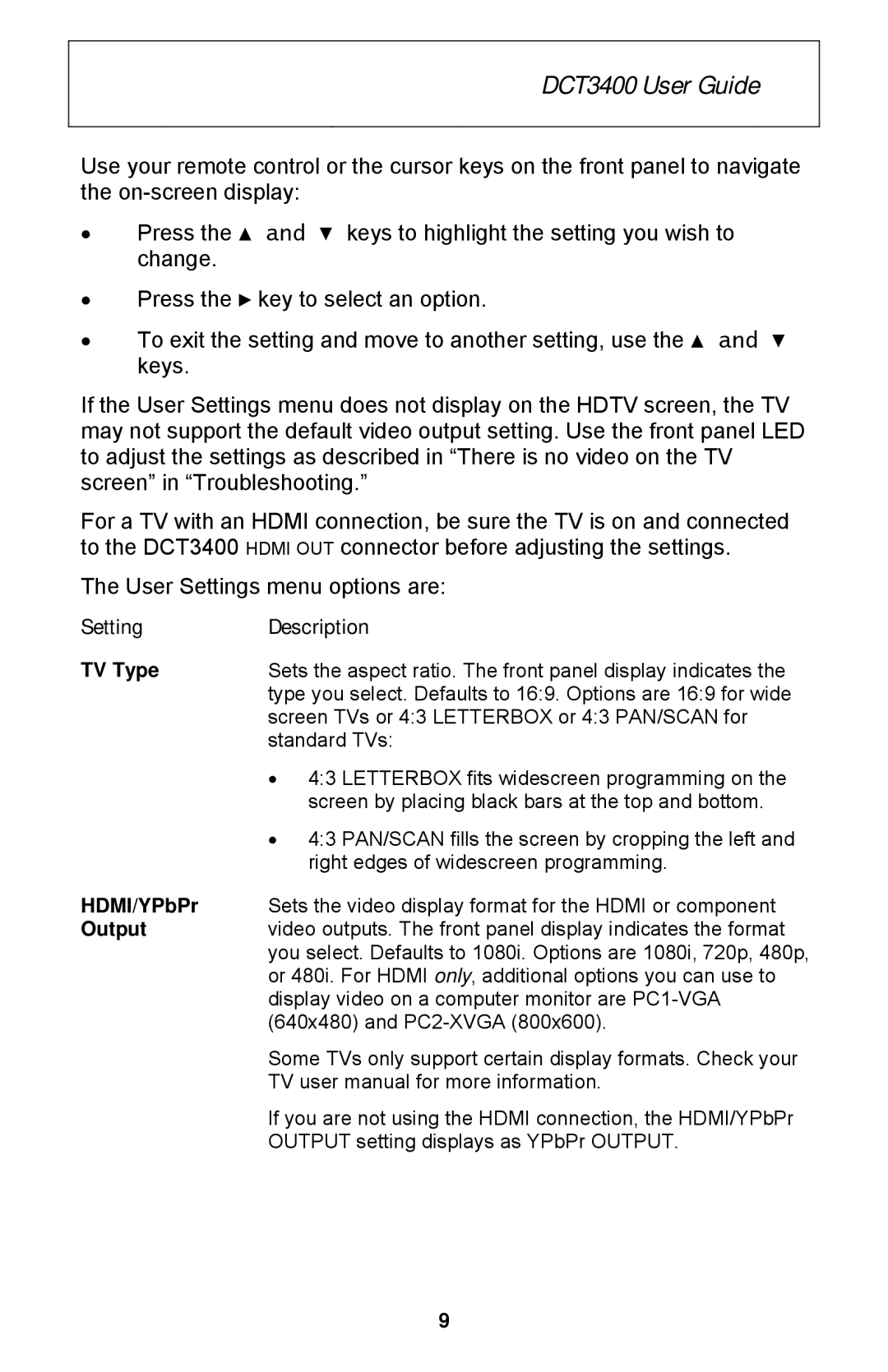 Motorola DCT3400 Series manual SettingDescription, TV Type, HDMI/YPbPr, Output 