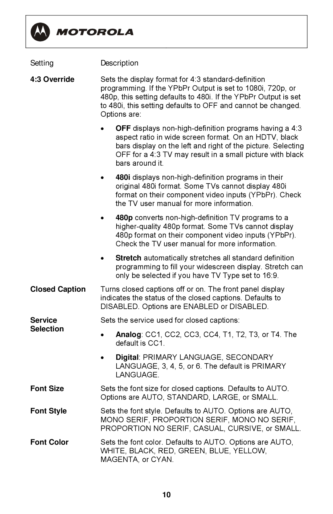 Motorola DCT3400 Series manual Setting, Description 