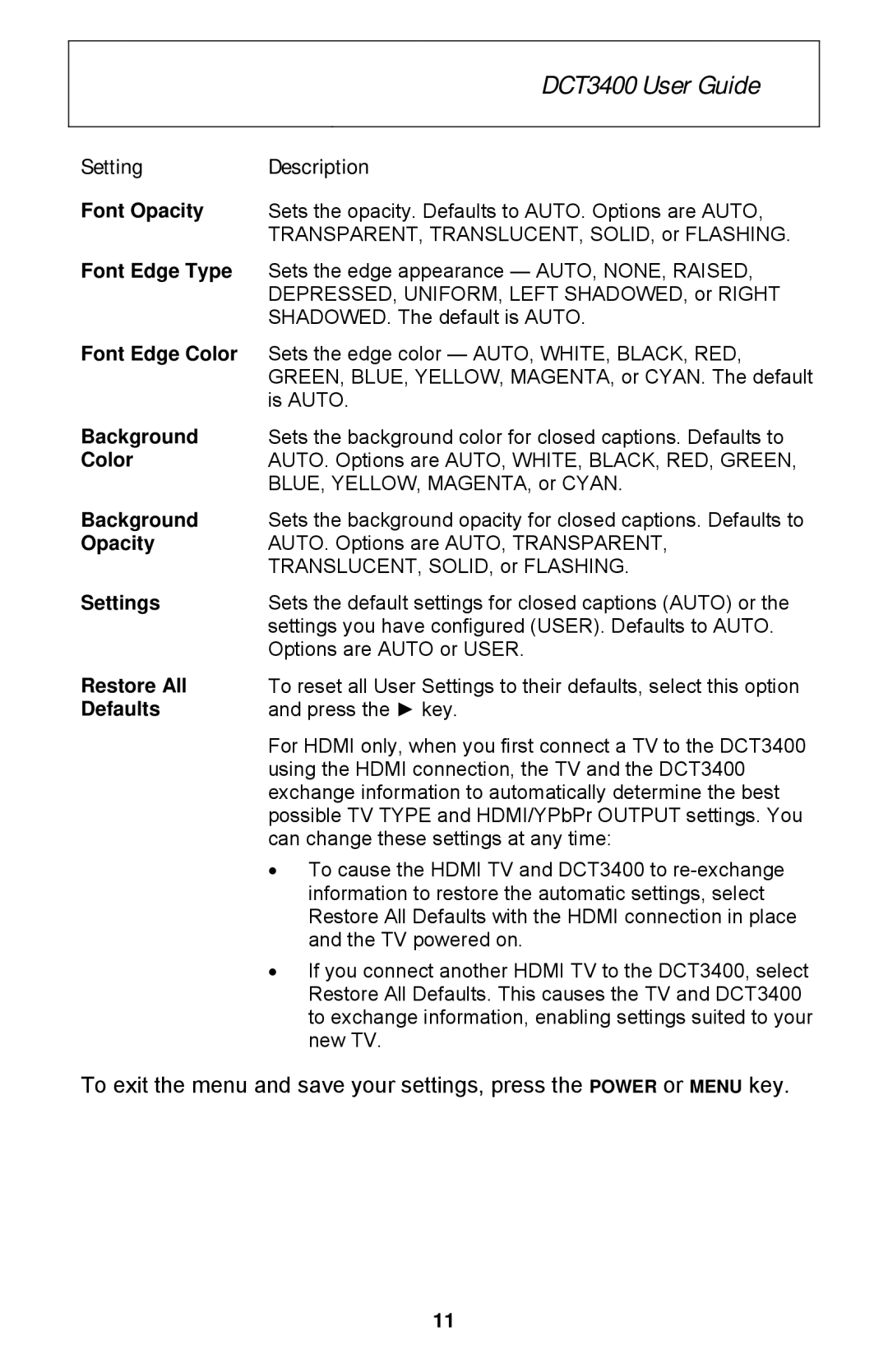 Motorola DCT3400 Series manual Setting Description 