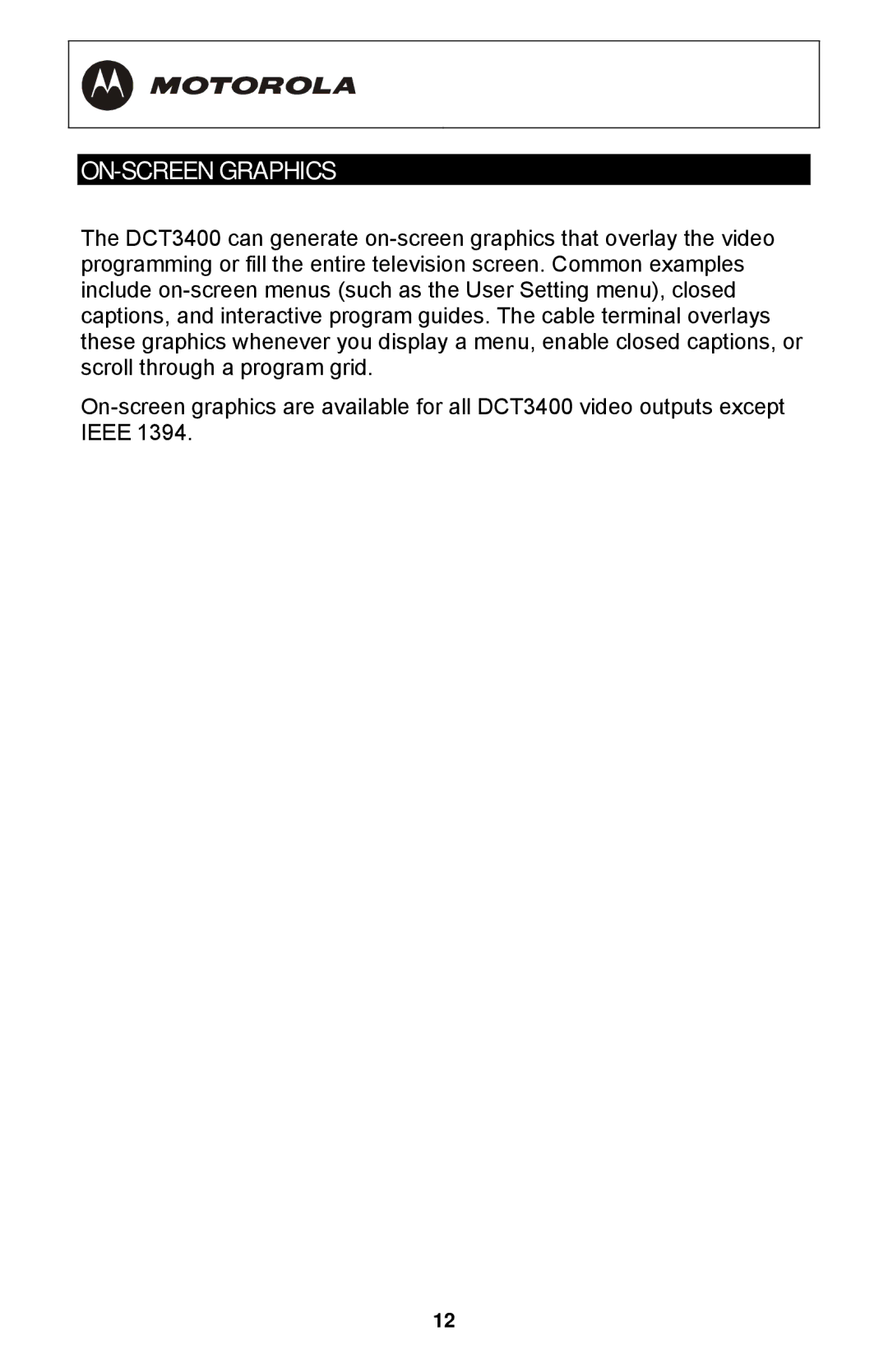 Motorola DCT3400 Series manual ON-SCREEN Graphics 