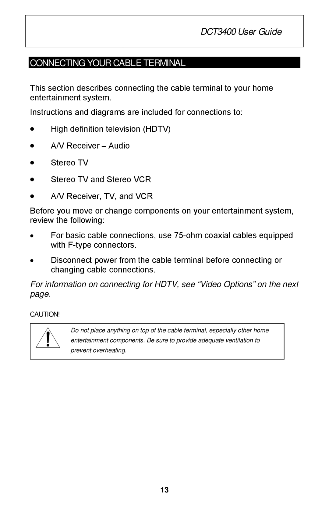 Motorola DCT3400 Series manual Connecting Your Cable Terminal 