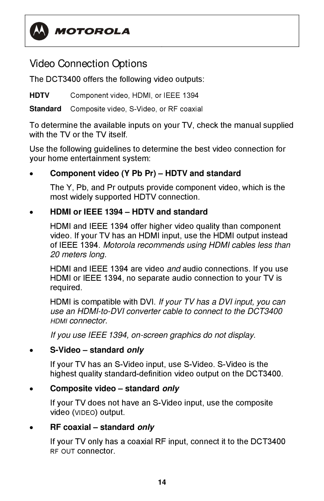 Motorola DCT3400 Series manual Video Connection Options 