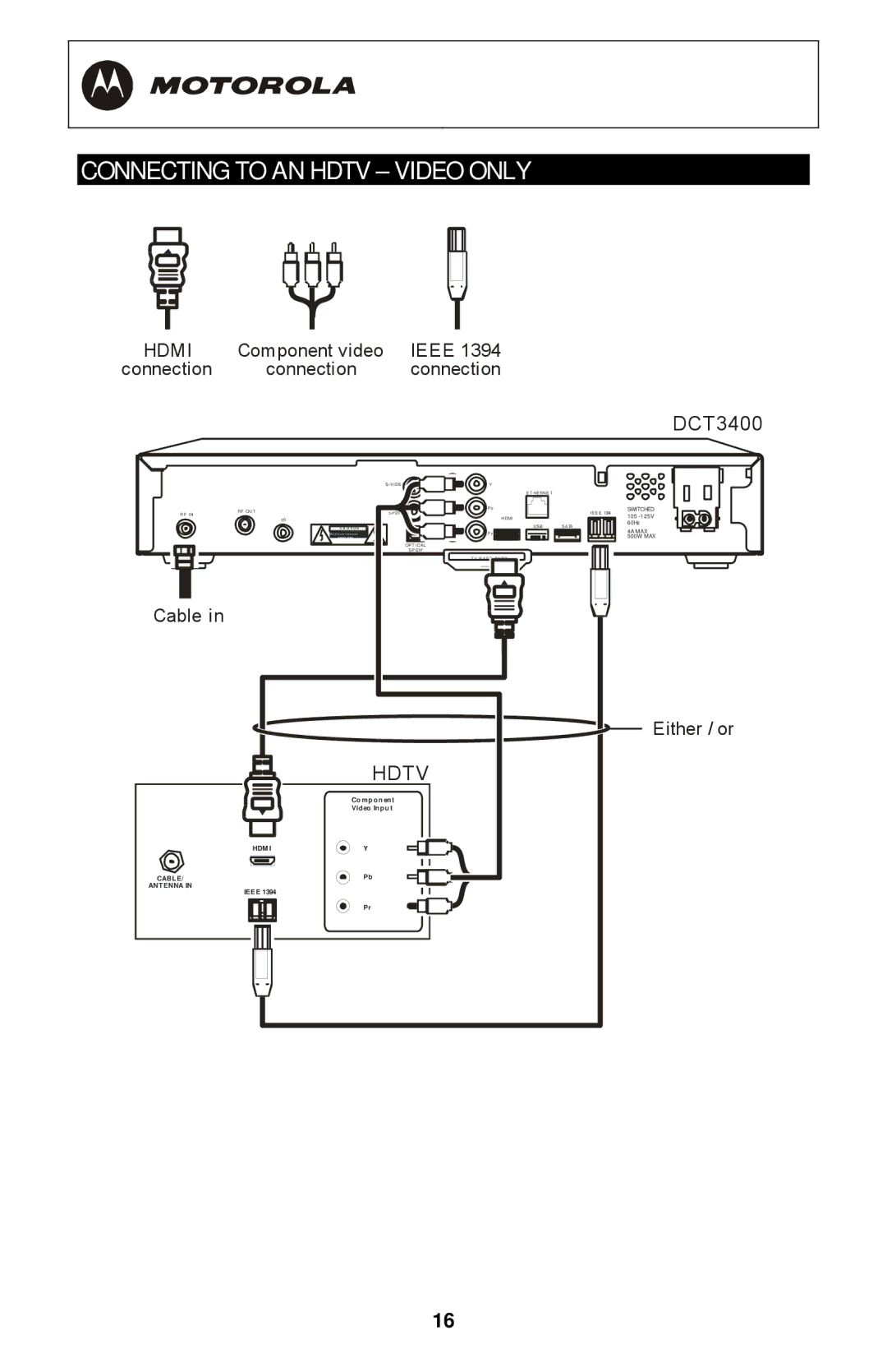 Motorola DCT3400 Series manual Connecting to AN Hdtv Video only 