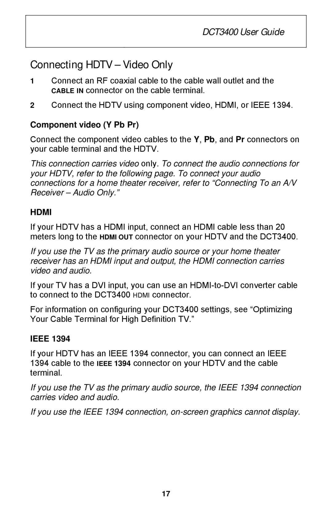 Motorola DCT3400 Series manual Connecting Hdtv Video Only, Component video Y Pb Pr, Ieee 