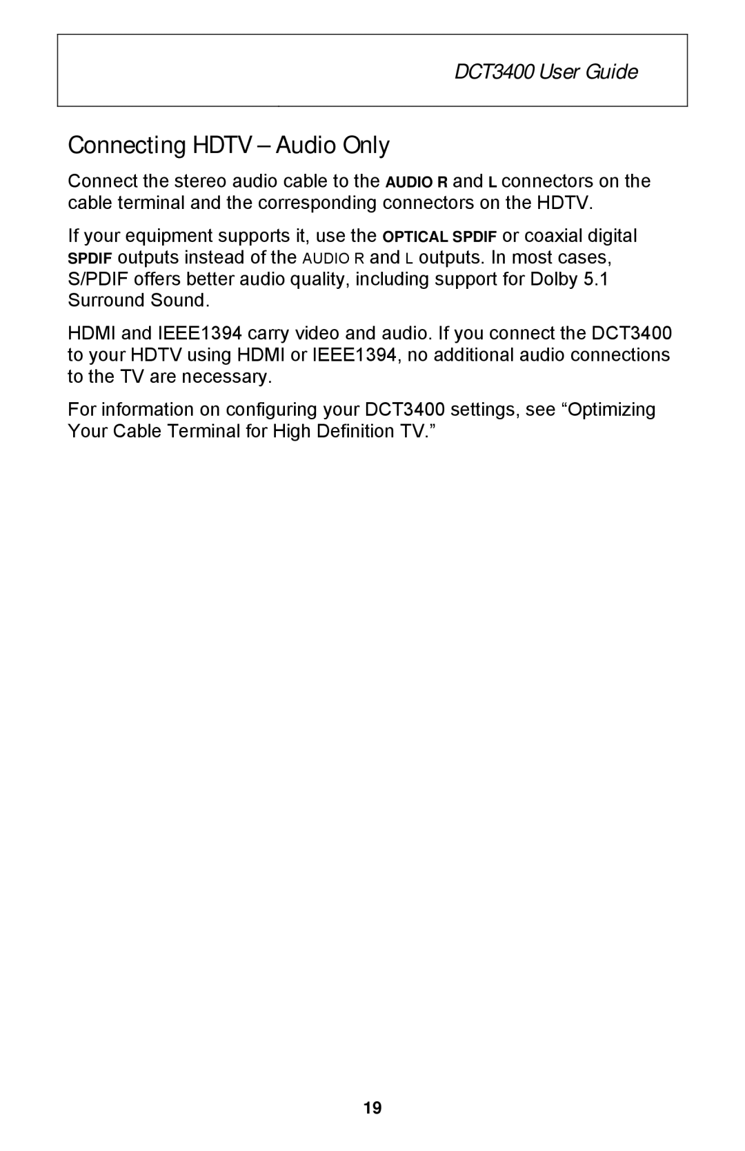 Motorola DCT3400 Series manual Connecting Hdtv Audio Only 