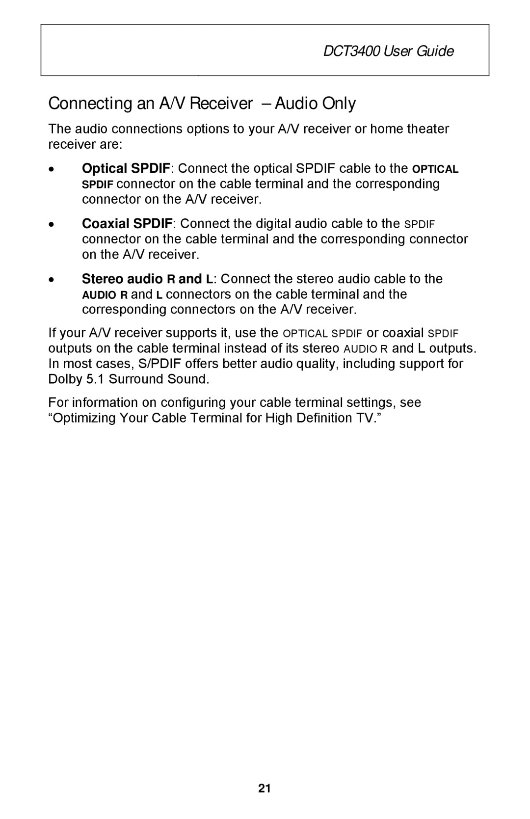 Motorola DCT3400 Series manual Connecting an A/V Receiver Audio Only 