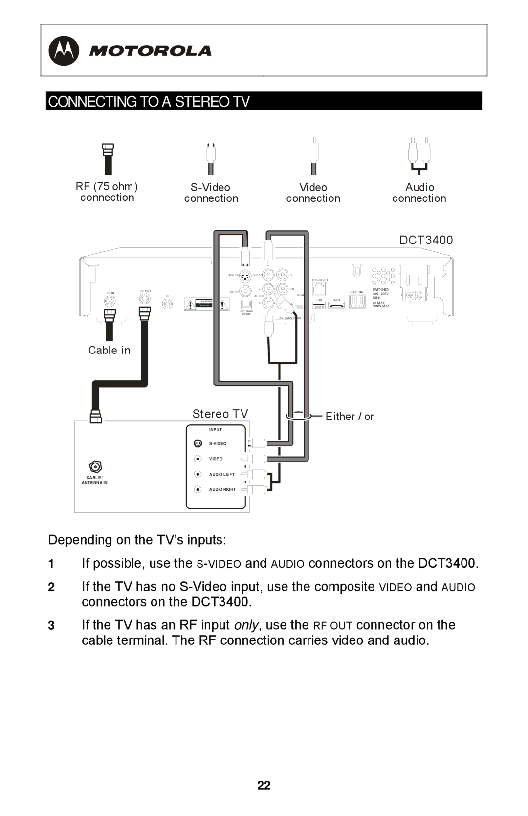 Motorola DCT3400 Series manual Connecting to a Stereo TV 