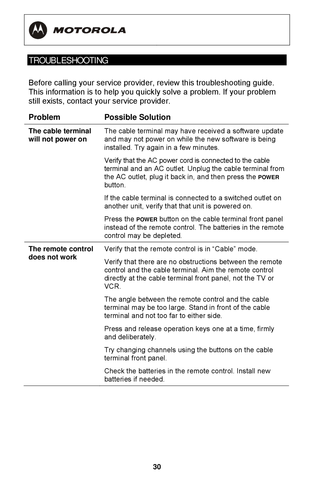 Motorola DCT3400 Series manual Troubleshooting, Problem Possible Solution 