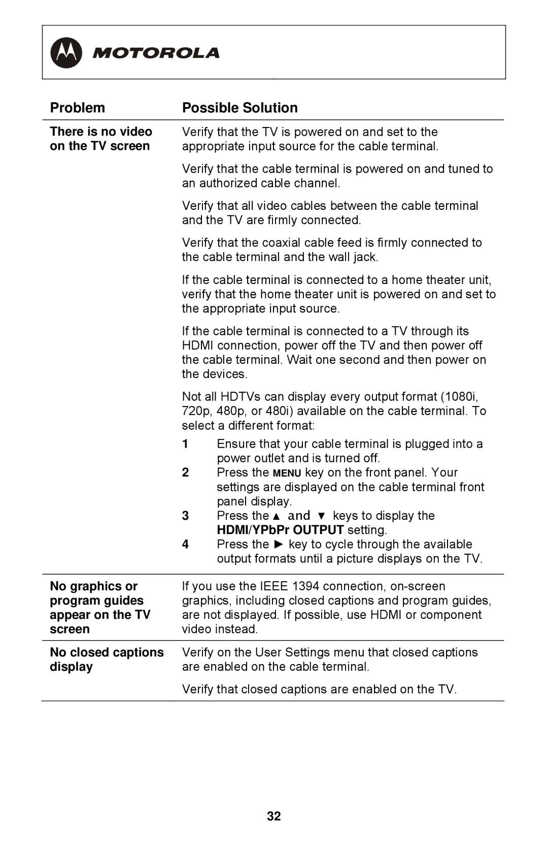 Motorola DCT3400 Series There is no video, On the TV screen, HDMI/YPbPr Output setting, No graphics or, Program guides 