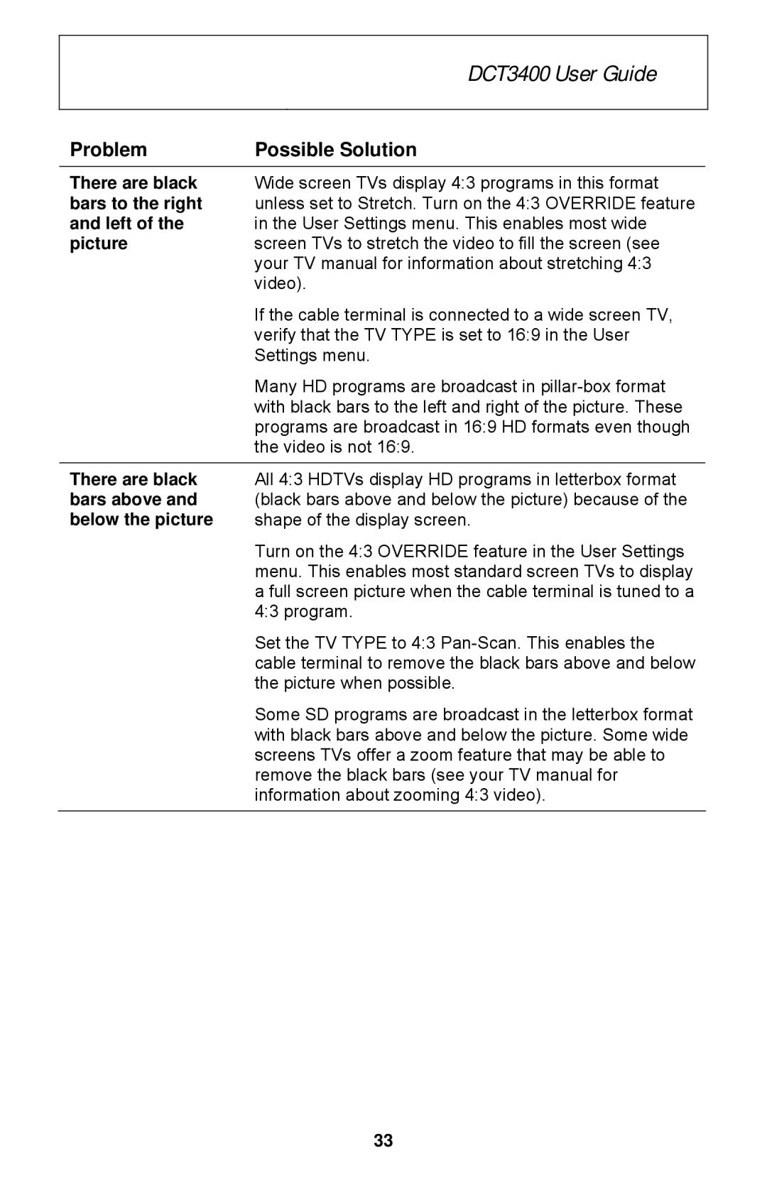 Motorola DCT3400 Series manual There are black, Bars to the right, Left, Picture, Bars above, Below the picture 