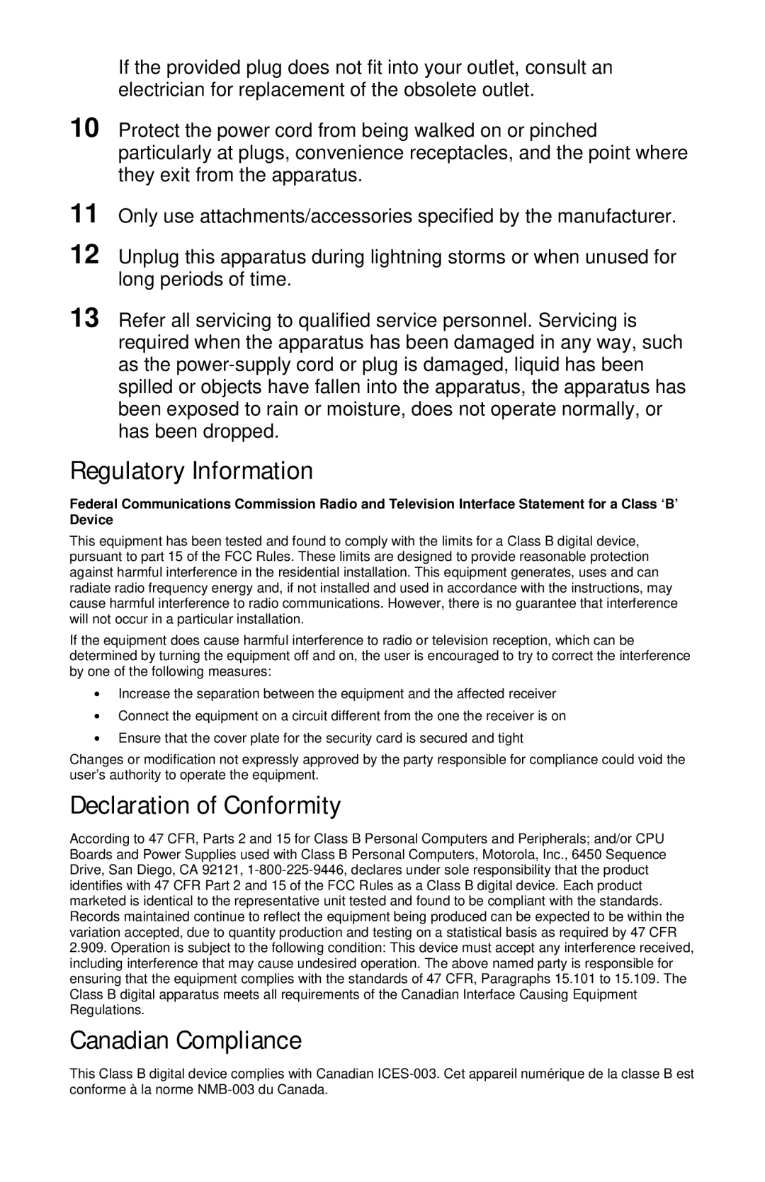 Motorola DCT3400 Series manual Regulatory Information, Declaration of Conformity, Canadian Compliance 