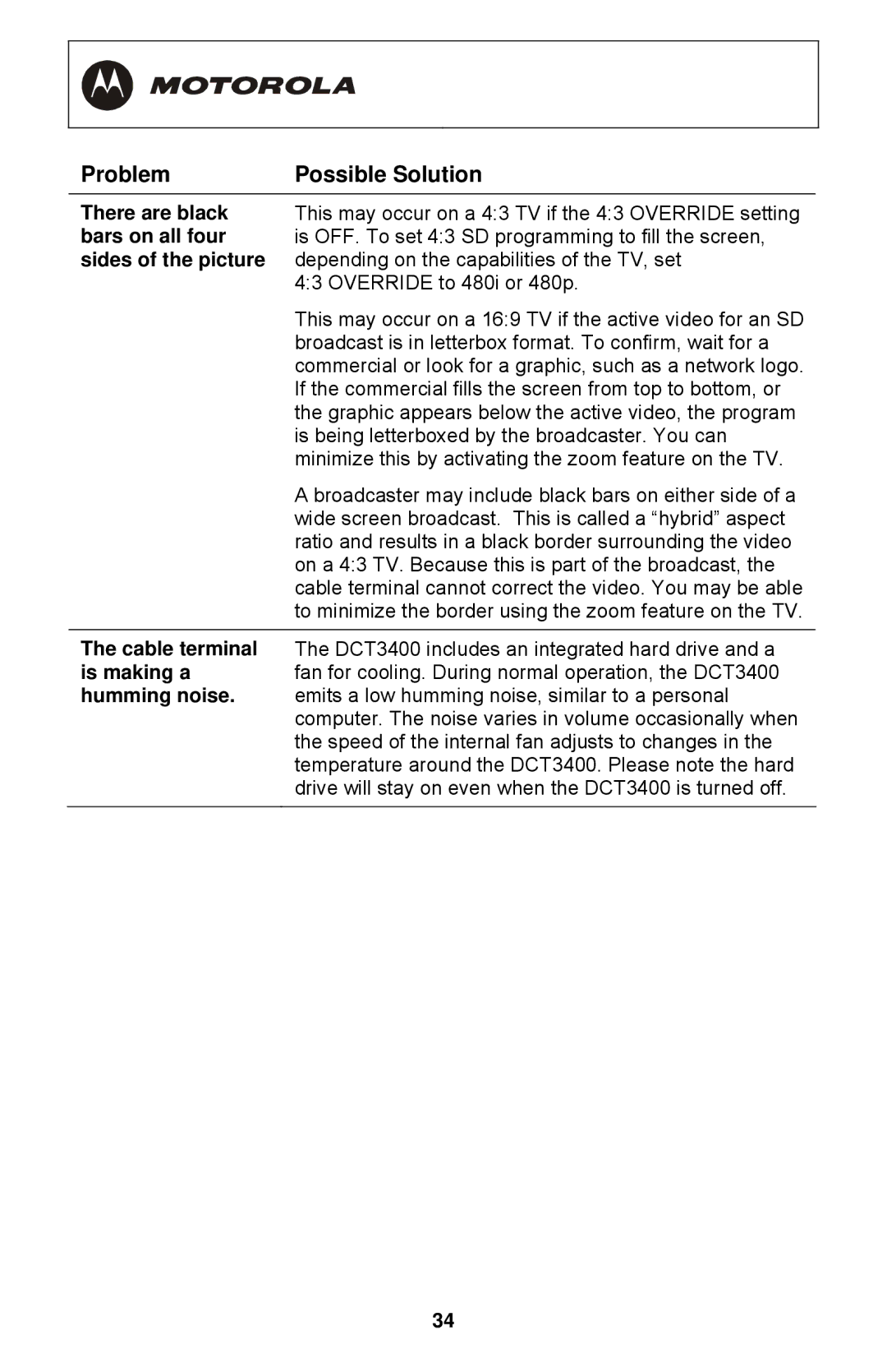 Motorola DCT3400 Series manual Bars on all four, Sides of the picture, Is making a, Humming noise 
