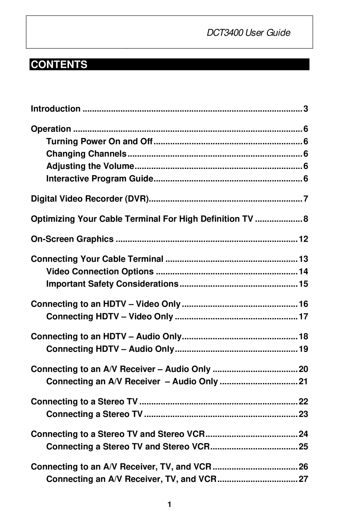 Motorola DCT3400 Series manual DCT3400 User Guide, Contents 