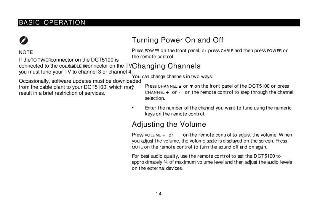 Motorola DCT5100 manual Turning Power On and Off, Changing Channels, Adjusting the Volume, Basic Operation 