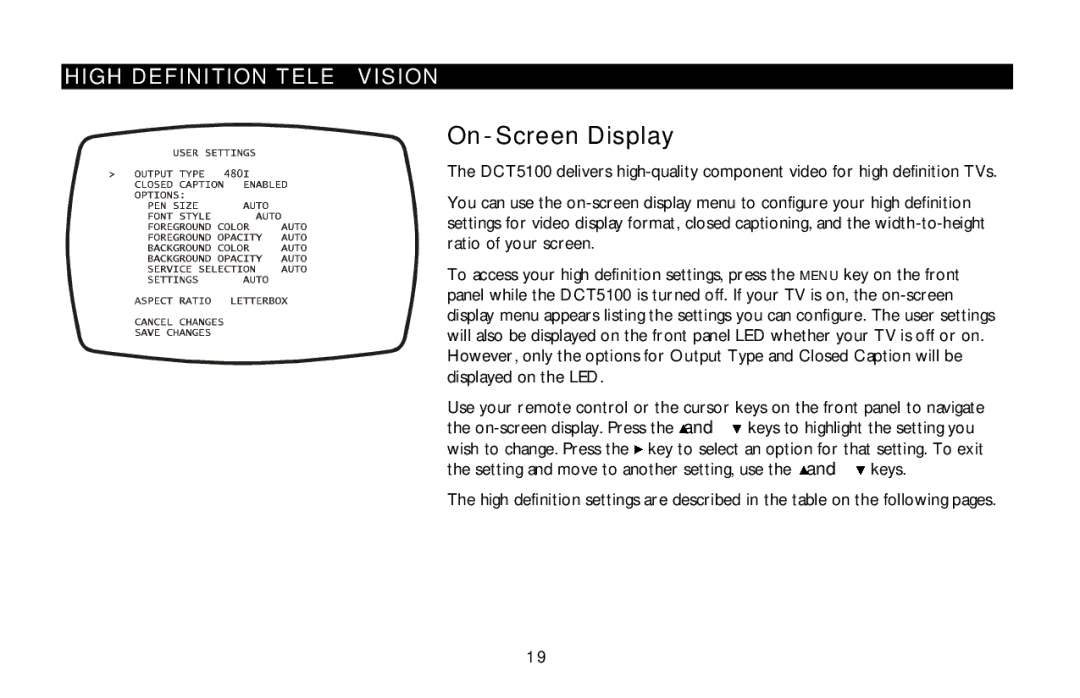 Motorola DCT5100 manual On-Screen Display, High Definition Television 