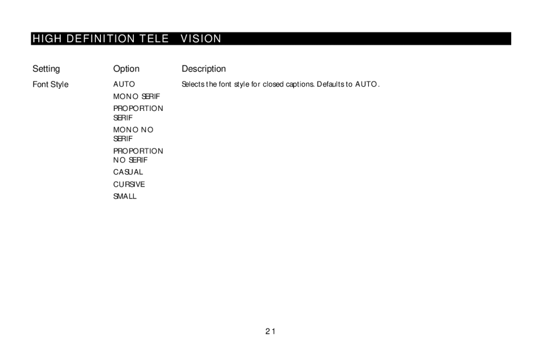 Motorola DCT5100 manual Setting Option Description, Font Style 