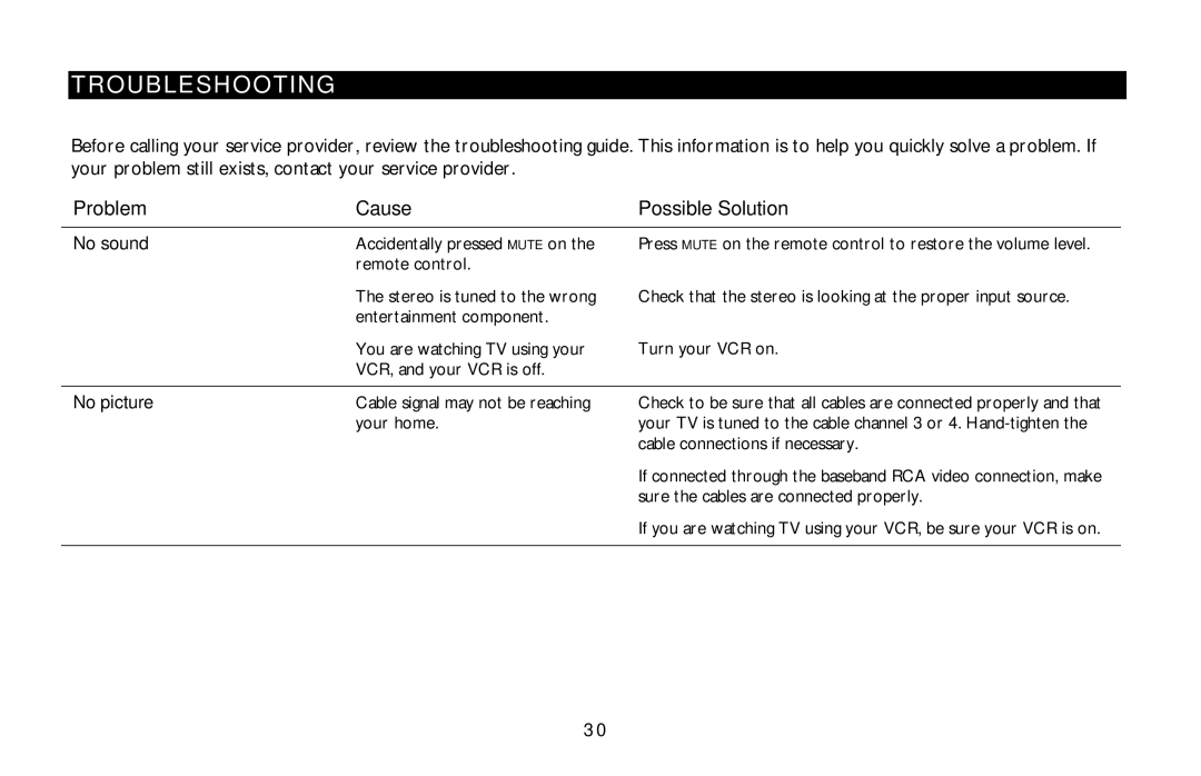 Motorola DCT5100 manual Troubleshooting, Problem Cause Possible Solution 