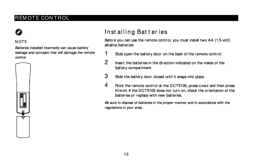 Motorola DCT5100 manual Installing Batteries, Remote Control 