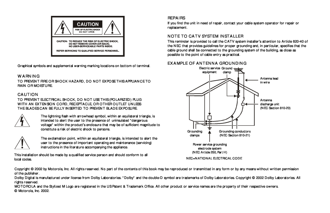 Motorola DCT5100 manual Repairs, Note To Catv System Installer, Example Of Antenna Grounding 