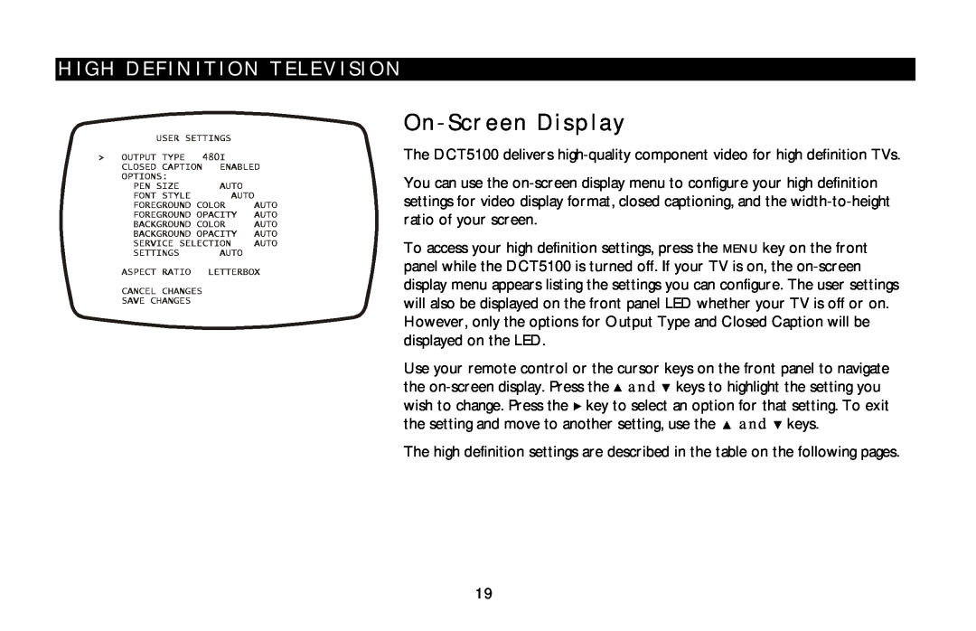 Motorola DCT5100 manual On-ScreenDisplay, High Definition Television 