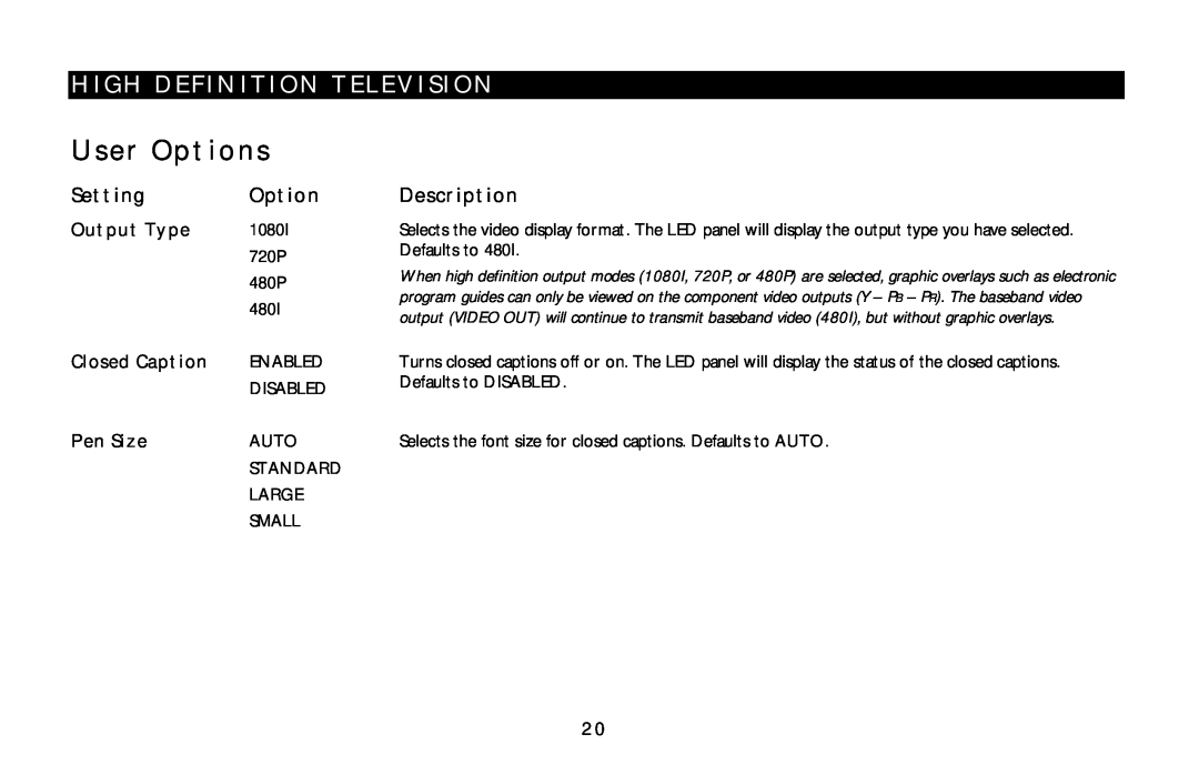 Motorola DCT5100 manual User Options, High Definition Television, Setting, Description 