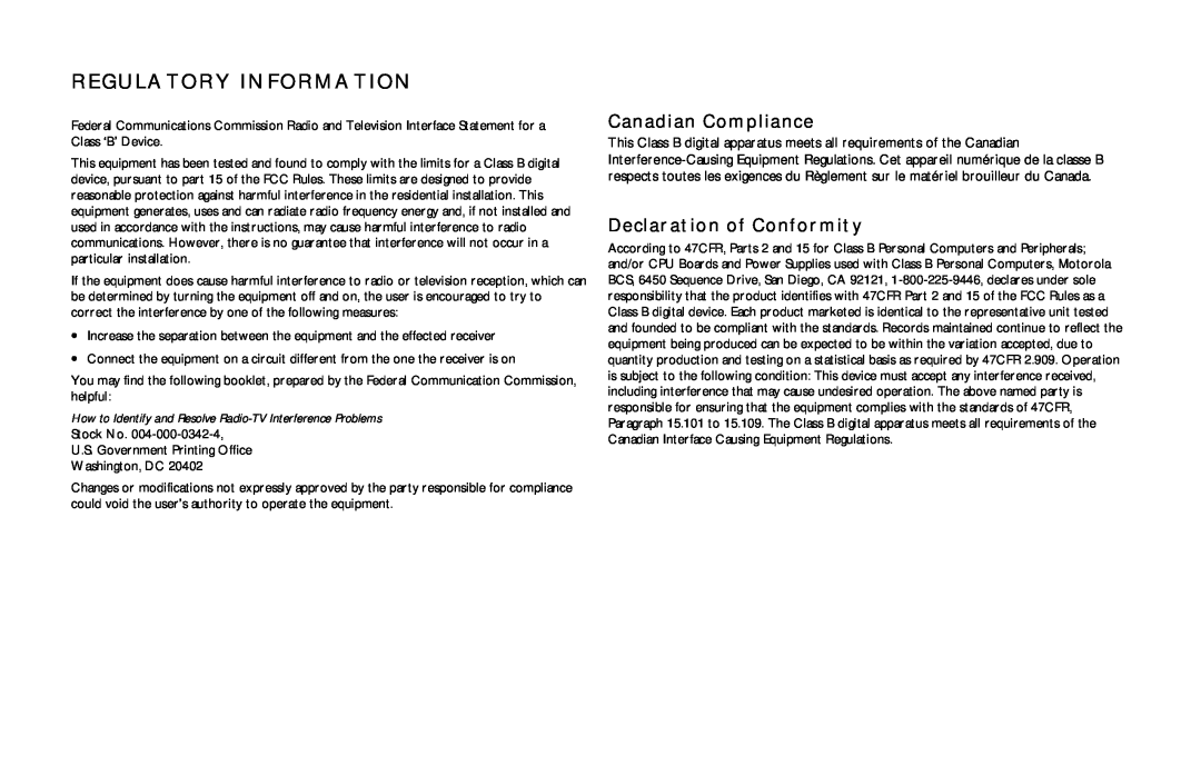 Motorola DCT5100 manual Regulatory Information, Canadian Compliance, Declaration of Conformity 