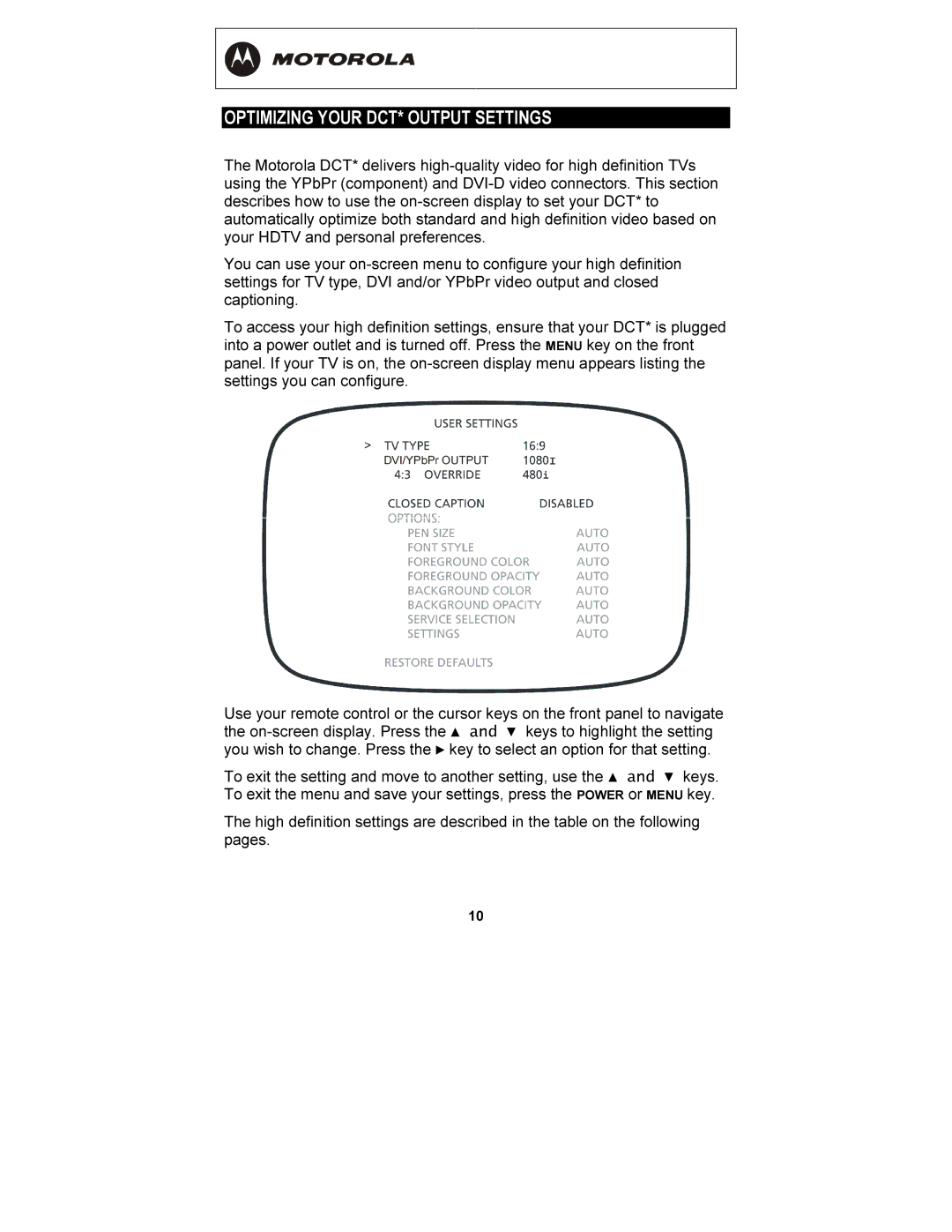 Motorola DCT6208, DCT6200 manual Optimizing Your DCT* Output Settings 