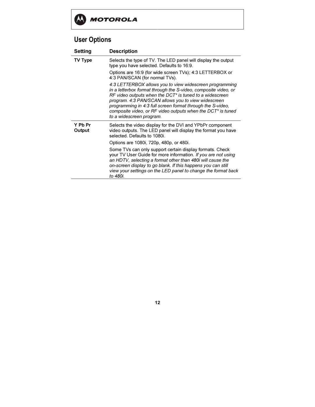 Motorola DCT6208, DCT6200 manual User Options, Setting Description 