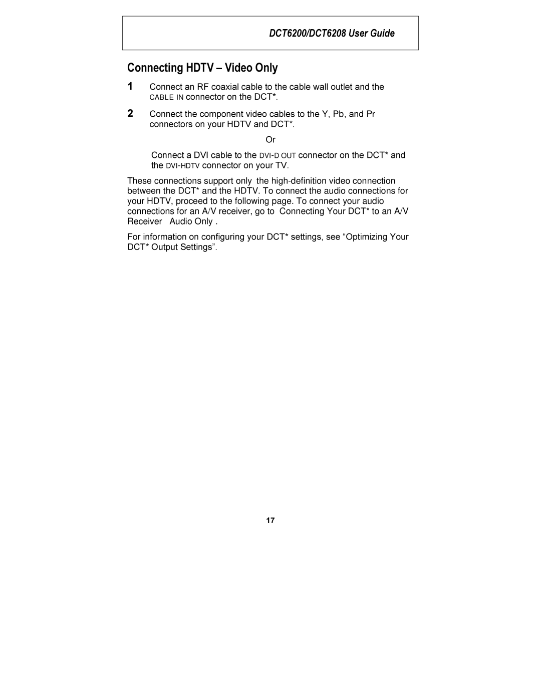 Motorola DCT6200, DCT6208 manual Connecting Hdtv Video Only 